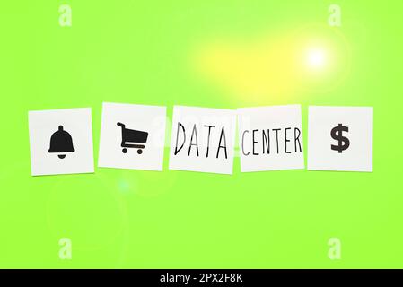 Conceptual caption Data Center, Word Written on a repository that houses computing facilities like servers Stock Photo