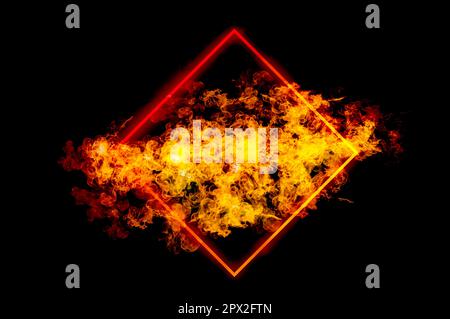 Square frame with orange flames in frame on black background. Stock Photo