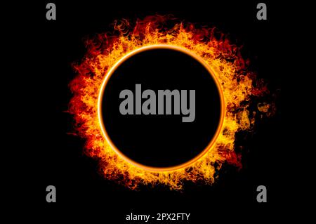 orange flame circle frame on black background Stock Photo