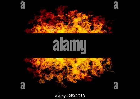 Square frame with orange flames in frame on black background. Stock Photo