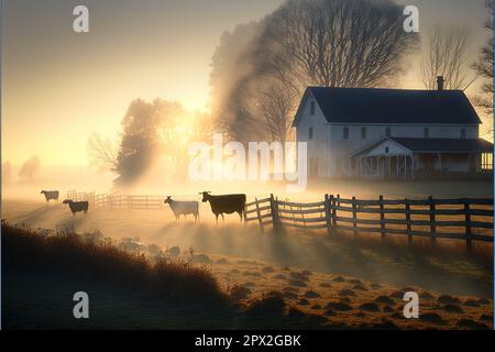 Early morning view of a Virginia farm at sunrise. Beautiful soft glow of the sun, illuminating a soft low lying fog as cows graze in the field. Stock Photo