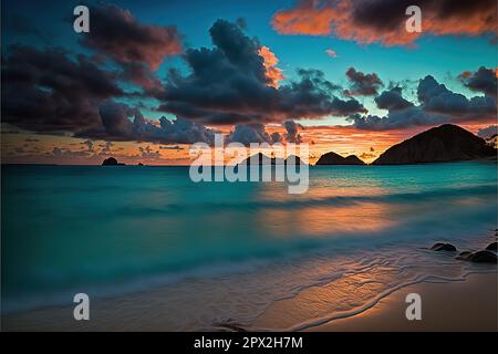 Pre-dawn view of the Moku islands at Lanikai Beach, Oahu, Hawaii stock photo Beach, Cloud - Sky, Coastline, Color Image, Dawn. Stock Photo