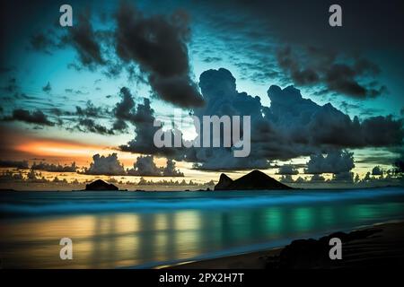 Pre-dawn view of the Moku islands at Lanikai Beach, Oahu, Hawaii stock photo Beach, Cloud - Sky, Coastline, Color Image, Dawn. Stock Photo