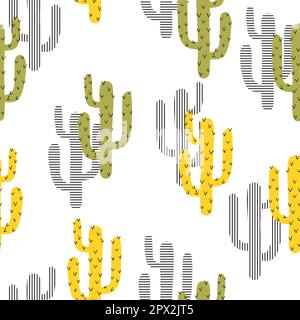 Seamless cartoon cactus pattern. Vector background with abstract green and yellow cactus. Stock Vector