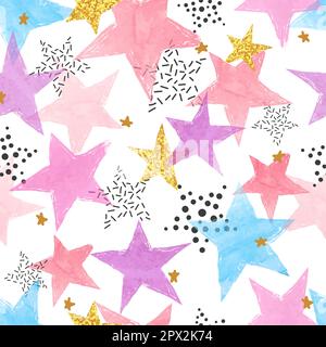 Abstract celebration background with watercolor stars. Colorful vector seamless pattern. Stock Vector