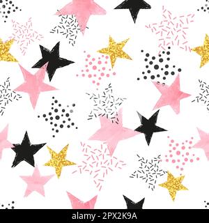 Seamless Stars pattern. Vector background with watercolor pink and glittering golden stars. Stock Vector