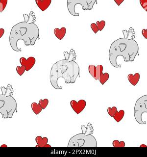 Seamless pattern with cute flying elephants and hearts. Valentines Day design. Stock Vector