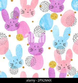 Colorful vector Easter pattern with watercolor bunnies and eggs. Stock Vector