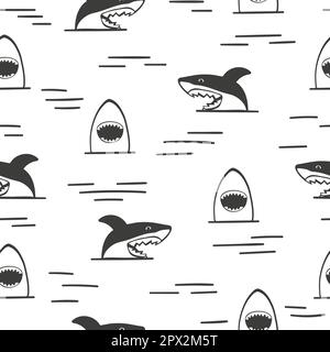 Seamless sharks pattern. Shark attack, black and white vector illustration. Stock Vector