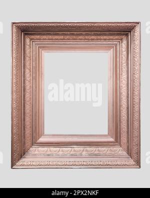 Rose gold metallic frame broad wide detailed classical gallery art luxury isolated light gray background Stock Photo