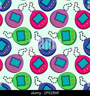 Retro seamless pattern set with colorful tamagotchi. Cute background vintage elements. 90s video games symbol design Stock Vector