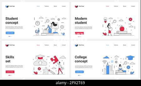 Development of skills of modern student, education in college, graduation set vector illustration. Cartoon tiny graduate holding puzzle and briefcase and training, people study on stack of books Stock Vector