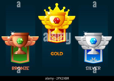 Award cup icons. Bronze, silver and golden reward with pennant. Premium award level up icon Stock Vector