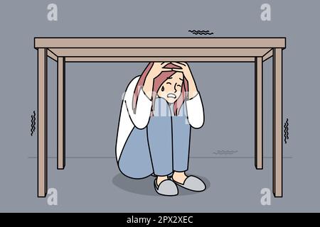 Unhappy woman feel scared and terrifies hide under table. Stressed female cry suffer from fear and panic attack. Vector illustration. Stock Photo