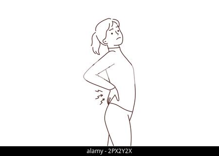 Young woman stretching suffer from backache. Unhealthy female exercise struggle with painful lower back spasm or strain. Healthcare. Vector illustrati Stock Photo