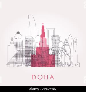 Outline Doha skyline with landmarks. Vector illustration. Business travel and tourism concept with historic buildings. Image for presentation, banner, Stock Photo