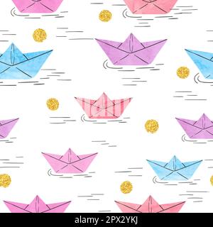 Seamless vector pattern with watercolor paper boats. Stock Vector