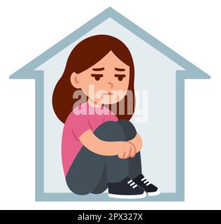 Teenage girl sitting alone at home, hugging knees. Depression, loneliness, social anxiety. Simple flat cartoon drawing. Mental health vector clip art Stock Vector
