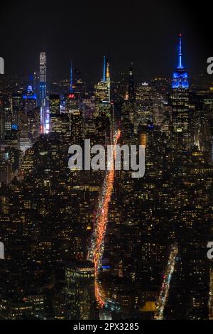 Manhattan, New York, USA - December 12th 2018: View from the One World Trade Center building observatory towards Times Square area and Upper Manhattan Stock Photo