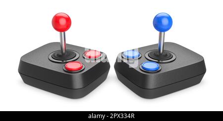 Two vintage computer joysticks on white background Stock Photo