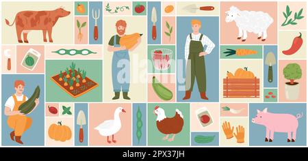 Cartoon farmer people grow harvest, organic vegetables, domestic animals and poultry, tools and plants in square collage background. Farm local produc Stock Vector
