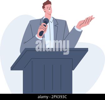 Speaker on lecture talk from stage. Training or seminar, politician speech. Business leader, professor man with microphone, kicky vector scene Stock Vector