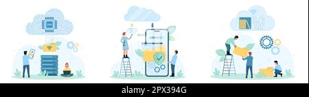 Security and work with cloud data service vector illustration. Cartoon tiny people upload folders with files to digital storage, protect archives with safe shield, organize information on server Stock Vector
