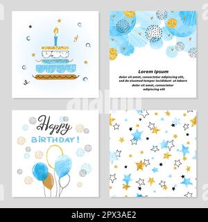 Happy Birthday cards set in blue and golden colors. Celebration vector illustrations with birthday cake, balloons and stars. Stock Vector