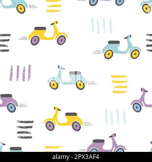 Seamless pattern with cartoon scooter. Vector road illustration for kids design. Stock Vector