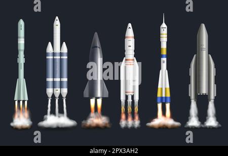 Realistic spacecraft launch set with isolated flying rockets on blue ...