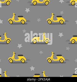 Seamless yellow cartoon scooters pattern. Vector road illustration for kids design. Stock Vector
