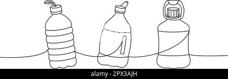 Set of fitness bottles one line continuous drawing. Empty plastic bottles continuous one line illustration. Vector linear illustration. Stock Vector