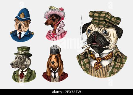 Pug Dog dog smokes cigar in suit. English Bulldog policeman. Herding and Bloodhound and German Shorthaired Pointer and Dachshund. Fashion Animal Stock Vector