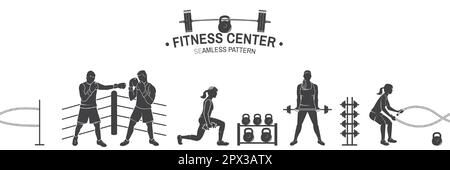 Sport center seamless pattern or background. Vector illustration. For design fitness centers, gyms. Girl running, boxing fighters, girl with barbell Stock Vector