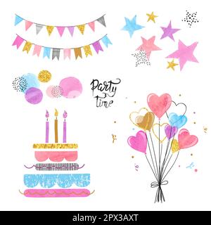 Birthday party icon set. Vector colorful hand drawn illustration. Stock Vector