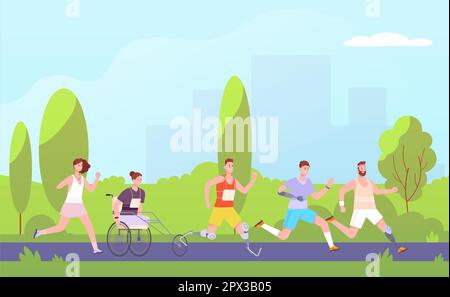 Disabled runners. Handicap athletes running paralympic athletics championship or run training outdoor marathon, runner on wheelchair and prosthesis, splendid vector illustration Stock Vector