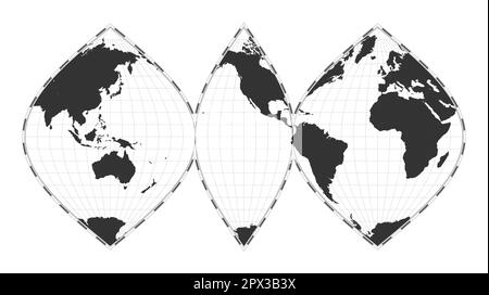 Vector world map. Interrupted sinusoidal projection. Plain world geographical map with latitude and longitude lines. Centered to 120deg E longitude. V Stock Vector