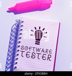 Writing displaying text Software Tester, Business overview implemented to protect software against malicious attack Stock Photo