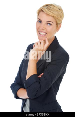 Shes got business on her mind. A young businesswoman looking thoughtful with her hand on her chin. Stock Photo