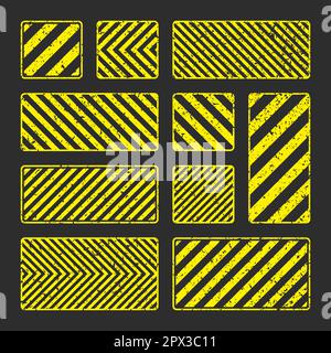 Various yellow grunge warning signs with diagonal lines. Old attention, danger or caution sign, construction site signage. Realistic notice signboard Stock Vector