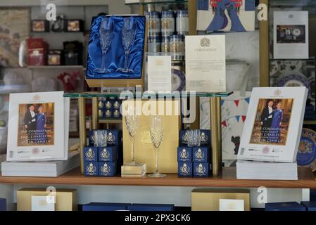 London, UK. A selection of gifts in the Buckingham Palace gift shop during the run up to the King's coronation day. Stock Photo