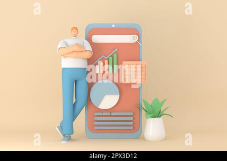 A male character leaning on phone. The infographic presentation on mobile screen. 3d rendering of business models Stock Photo