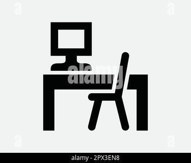 Computer Desk Icon. Monitor Screen Table Chair Workplace Desktop Work Furniture Workspace Icon Sign Symbol Artwork Graphic Illustration Clipart Vector Stock Vector