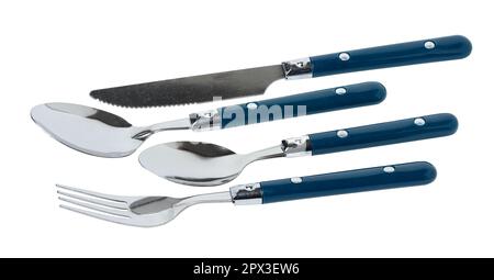 Metal cutlery with a blue plastic handle: fork, spoon, knife on a white isolated background Stock Photo
