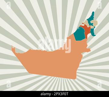 UAE map. Poster with map of the country in retro color palette. Shape of UAE with sunburst rays background. Vector illustration. Stock Vector