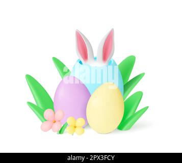Easter 3d composition with eggs, flowers and grass. Spring festival, bunny ears in color egg. Floral seasonal isolated realistic vector scene Stock Vector