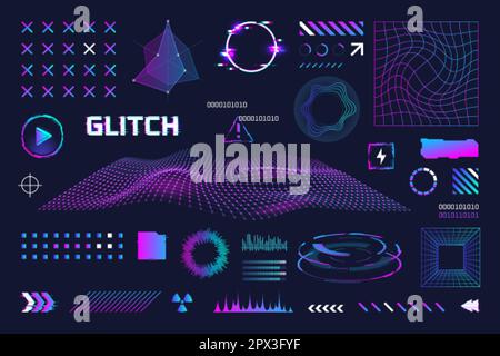 Retrofuturistic elements. Geometric y2k element, distorted grid wireframe for retro arcade or virtual game, neon rave 80s cyberpunk surreal memphis future vector illustration of wave mesh perspective Stock Vector
