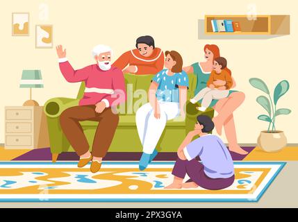 Grandfather story. Grandpa on sofa telling funny stories to laughing family grandchildren, grandparent spending time with kids, elderly man storytelling, vector illustration of family story by grandpa Stock Vector