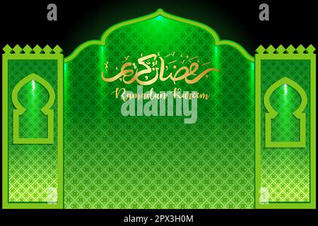 ramadan kareem concept banner 3d gold frame arabic window on beautiful background beautiful arabic pattern vector illustration hanging golden crescent Stock Vector