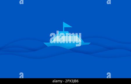 Waves and boats in cutout style, blue vector illustration Stock Vector